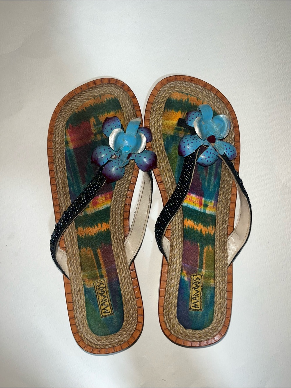 Mango’s Floral Jute Flip Flop Sandals Beaded Boho Resort Flats